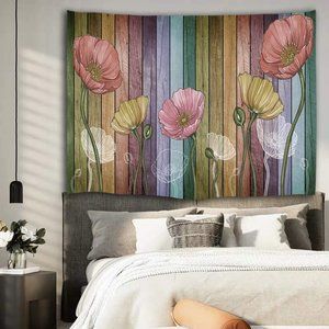 New Flower Wall Tapestry Wood Plank 59 x 51 inches
